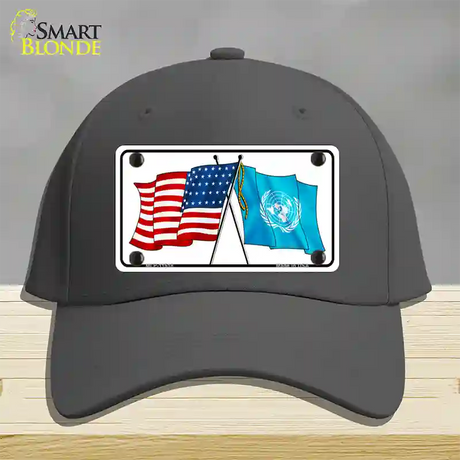 United Nation Crossed US Flag Novelty License Plate Hat Cotton / Charcoal