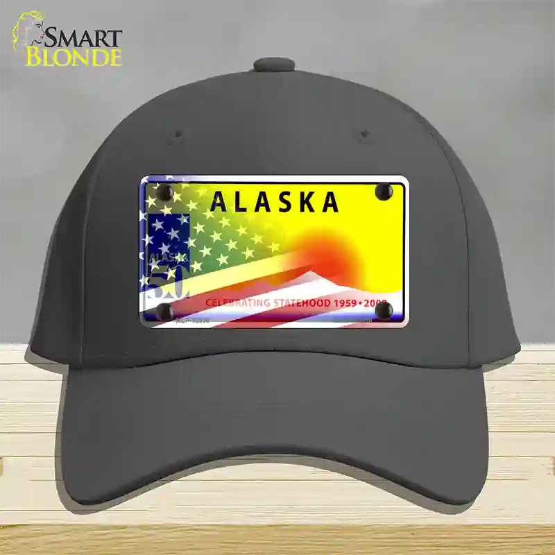 Alaska with American Flag Novelty License Plate Hat Gray Cotton