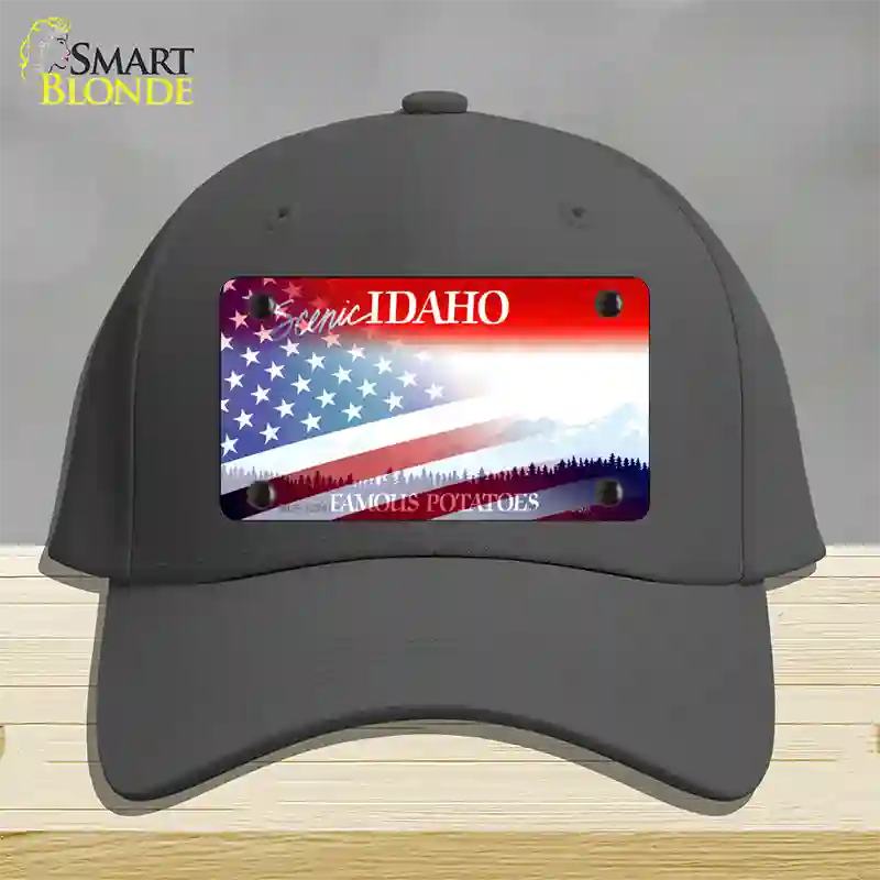 Idaho with American Flag Novelty License Plate Hat Cotton / Charcoal