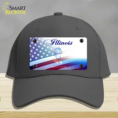 Illinois with American Flag Novelty License Plate Hat Cotton / Charcoal