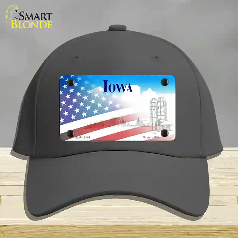 Iowa with American Flag Novelty License Plate Hat Cotton / Charcoal