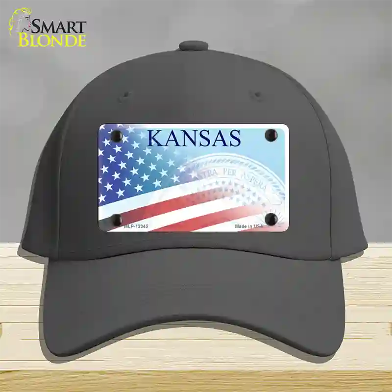 Kansas with American Flag Novelty License Plate Hat Cotton / Charcoal