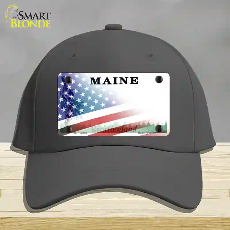 Maine with American Flag Novelty License Plate Hat Cotton / Charcoal