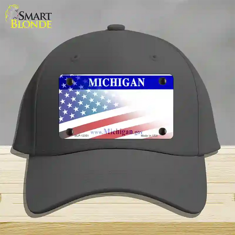 Michigan with American Flag Novelty License Plate Hat Cotton / Charcoal