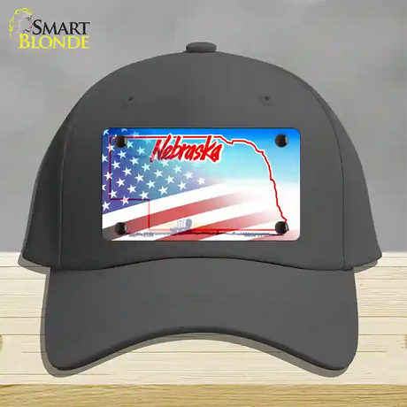 Nebraska with American Flag Novelty License Plate Hat Cotton / Charcoal