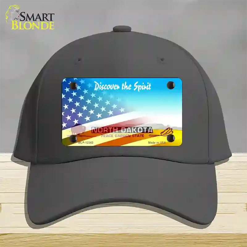 North Dakota with American Flag Novelty License Plate Hat Cotton / Charcoal