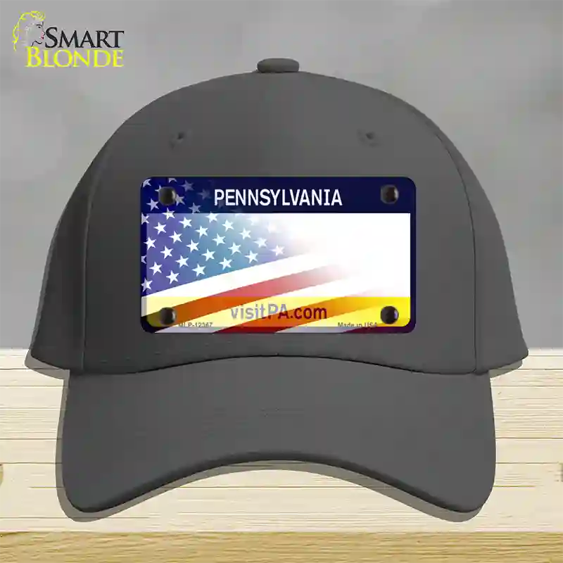 Pennsylvania with American Flag Novelty License Plate Hat Cotton / Charcoal