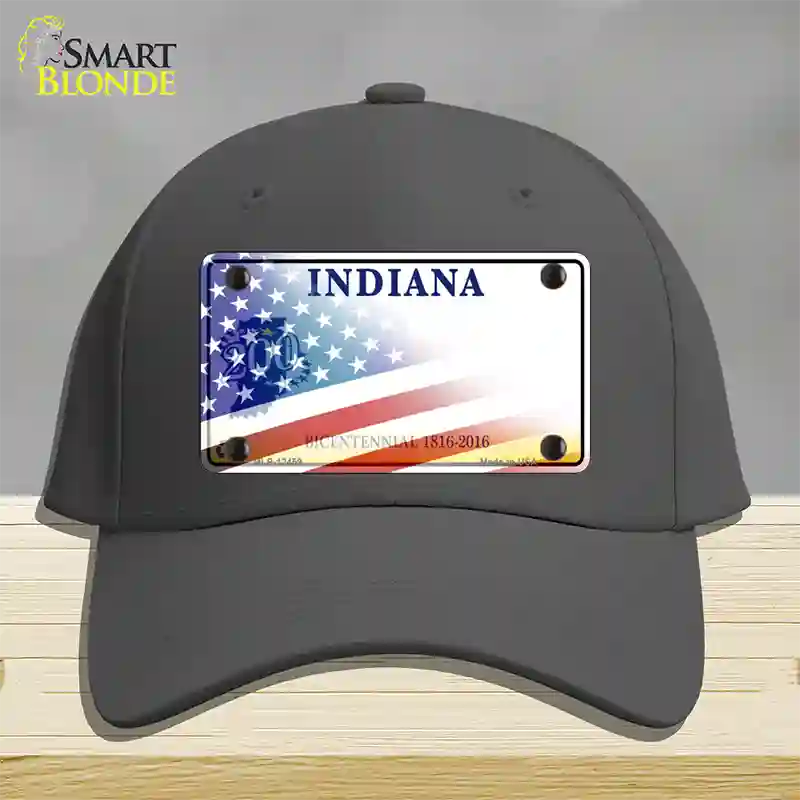 Indiana Bicentennial with American Flag Novelty License Plate Hat Cotton / Charcoal