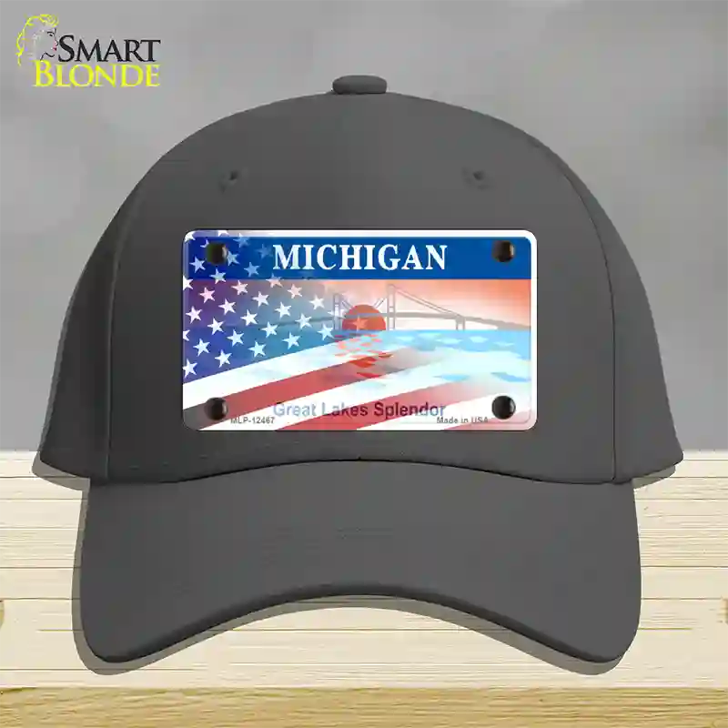 Michigan Splendor with American Flag Novelty License Plate Hat Cotton / Charcoal