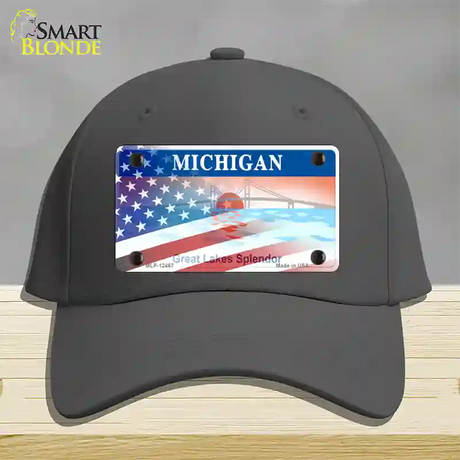 Michigan Splendor with American Flag Novelty License Plate Hat Cotton / Charcoal