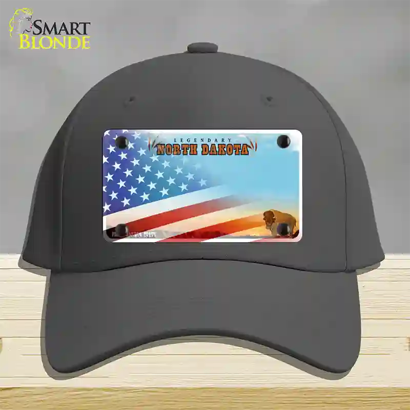 North Dakota Legendary with American Flag Novelty License Plate Hat Cotton / Charcoal