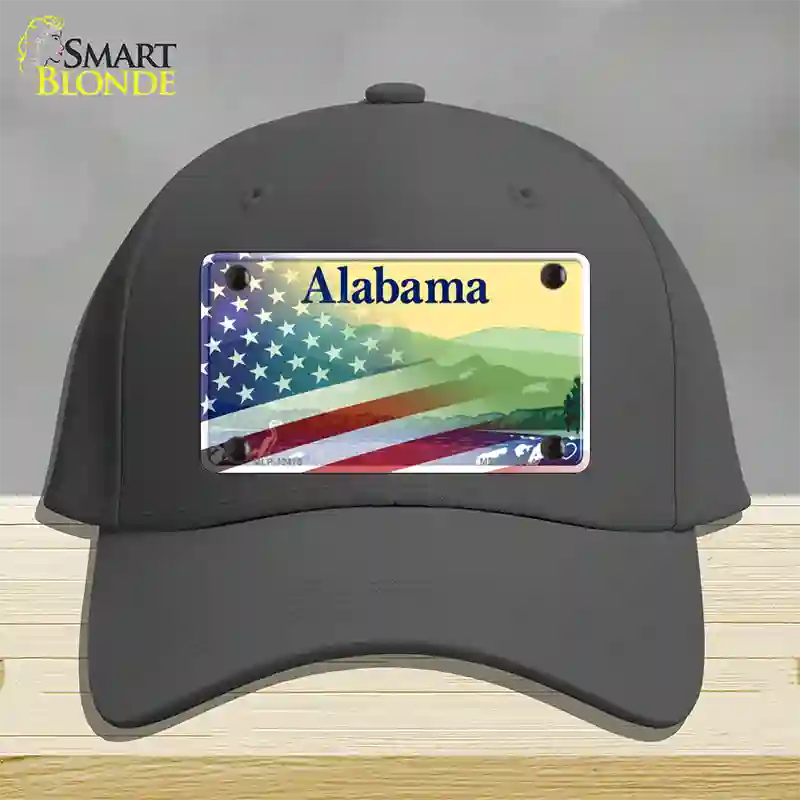 Alabama State with American Flag Novelty License Plate Hat Gray Cotton