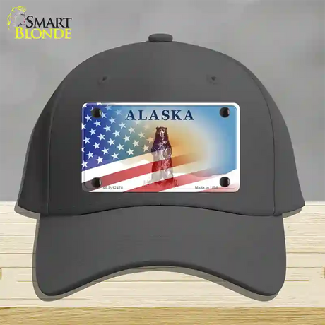 Alaska Bear with American Flag Novelty License Plate Hat Gray Cotton