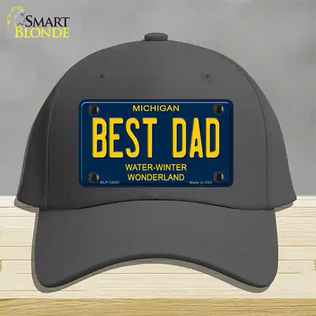 Best Dad Michigan Blue Novelty License Plate Hat Cotton / Charcoal