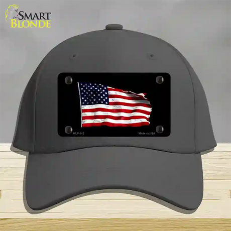 Waving American Flag Black Novelty License Plate Hat Cotton / Charcoal