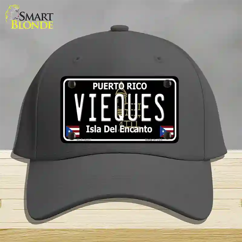 Vieques Puerto Rico Black Novelty License Plate Hat Cotton / Charcoal