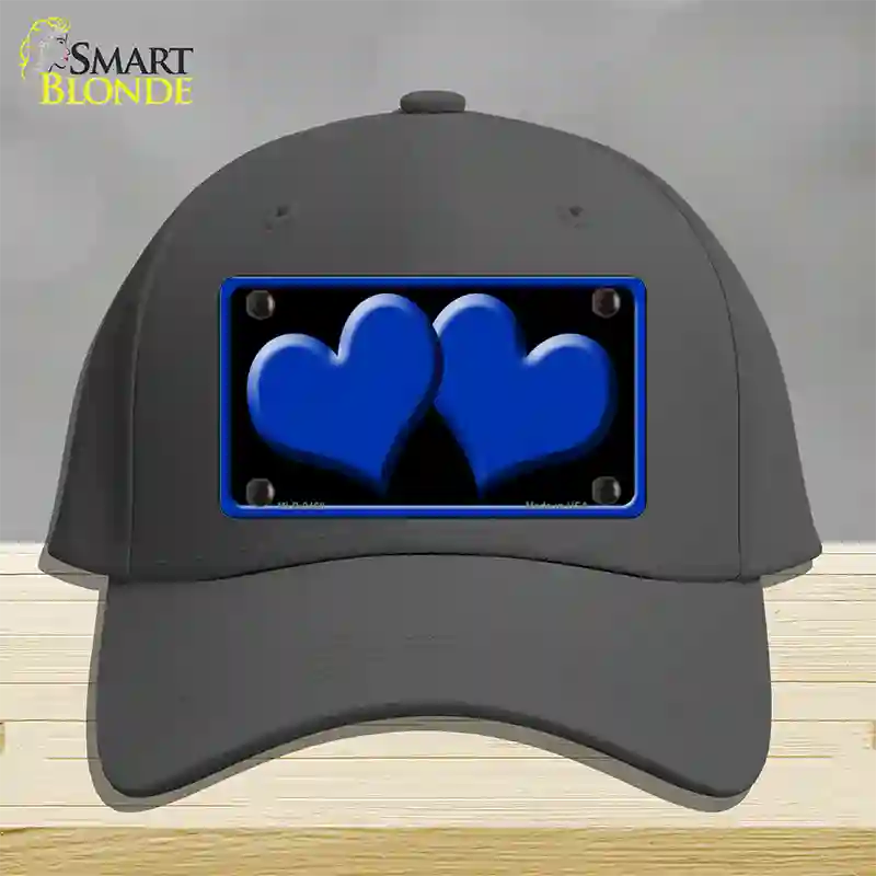 Solid Blue Centered Hearts Black Novelty License Plate Hat Cotton / Charcoal