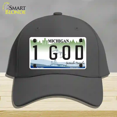 1 GOD Michigan State Novelty License Plate Hat Cotton / Charcoal