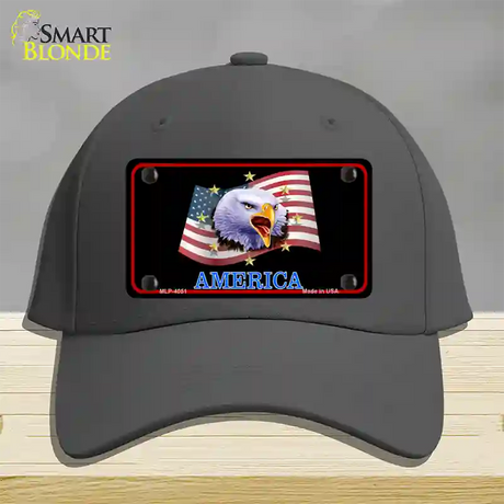 Waving Flag Bald Eagle Black Novelty License Plate Hat Cotton / Charcoal