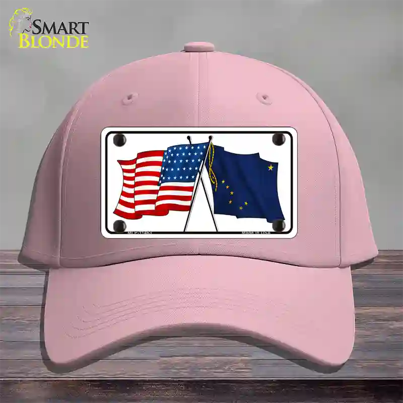 Alaska Crossed US Flag Novelty License Plate Hat Cotton / Pink