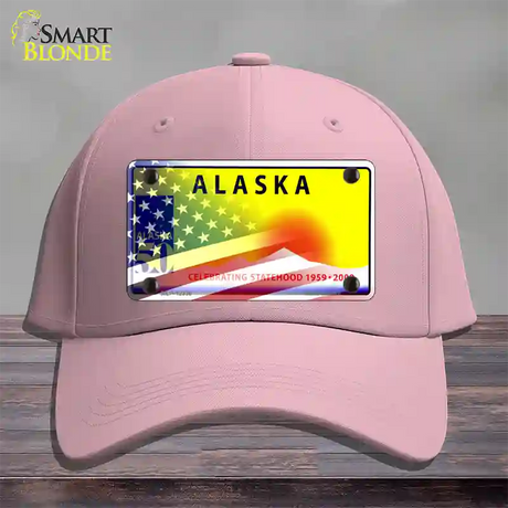 Alaska with American Flag Novelty License Plate Hat Pink Cotton