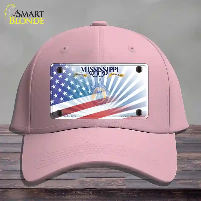 Mississippi Blue with American Flag Novelty License Plate Hat Cotton / Pink