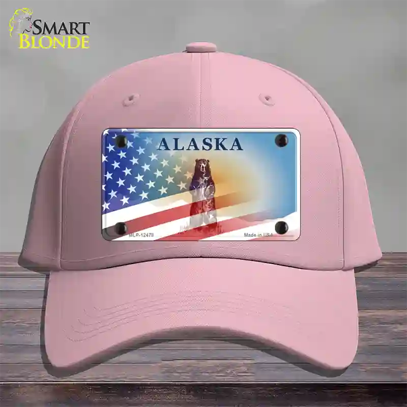 Alaska Bear with American Flag Novelty License Plate Hat Pink Cotton