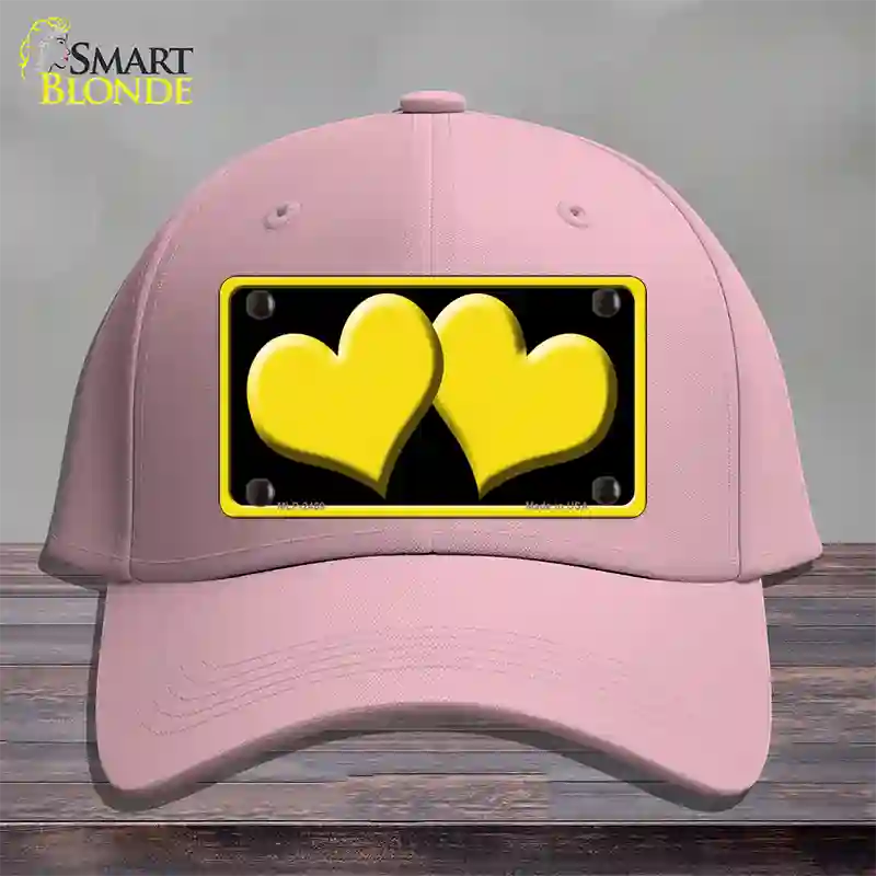 Solid Yellow Centered Hearts Black Novelty License Plate Hat Cotton / Pink