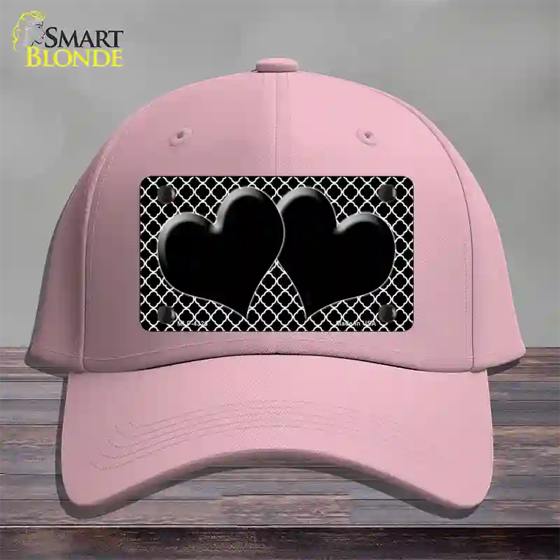 Black White Quatrefoil Black Center Hearts Novelty License Plate Hat Cotton / Pink