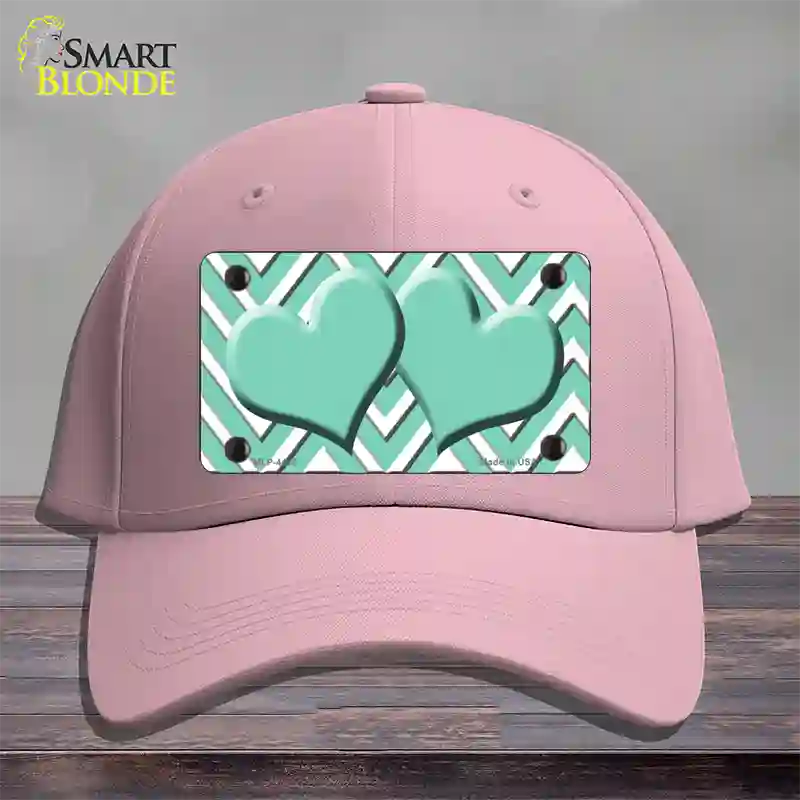 Mint White Large Chevron Mint Center Hearts Novelty License Plate Hat Cotton / Pink