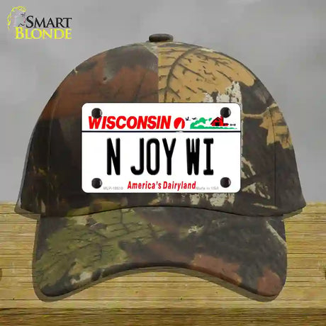 N Joy WI Wisconsin Novelty License Plate Hat Cotton / Camoflauge