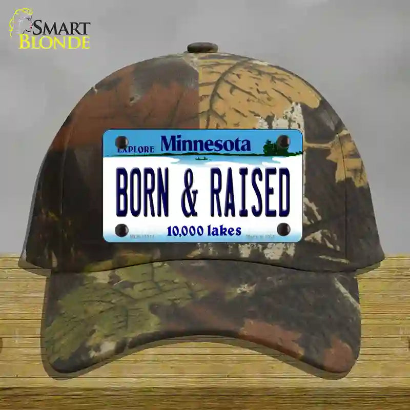 Born and Raised Minnesota State Novelty License Plate Hat Cotton / Camoflauge