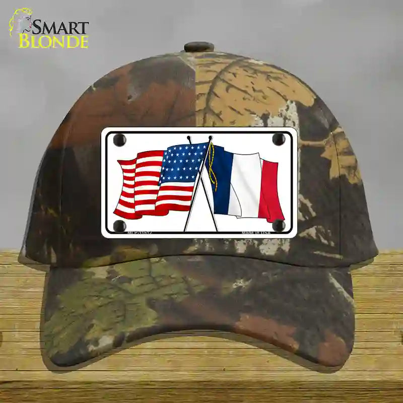 France Crossed US Flag Novelty License Plate Hat Cotton / Camoflauge