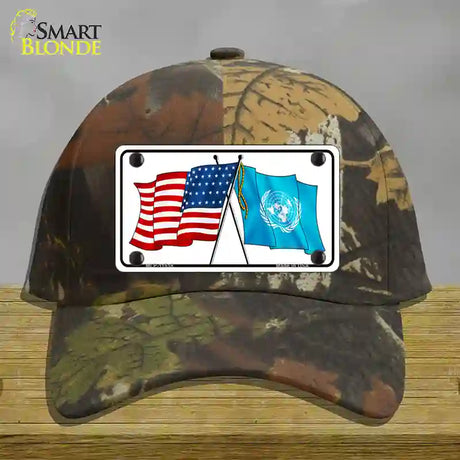 United Nation Crossed US Flag Novelty License Plate Hat Cotton / Camoflauge