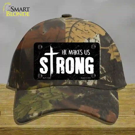 He Makes Us Strong Novelty License Plate Hat Cotton / Camoflauge