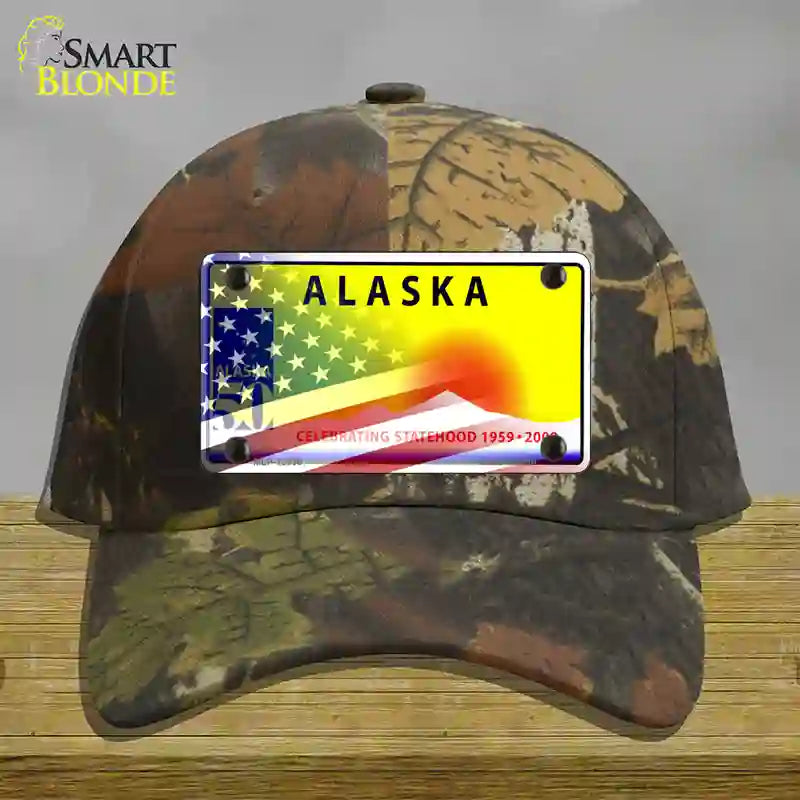 Alaska with American Flag Novelty License Plate Hat Camo Cotton