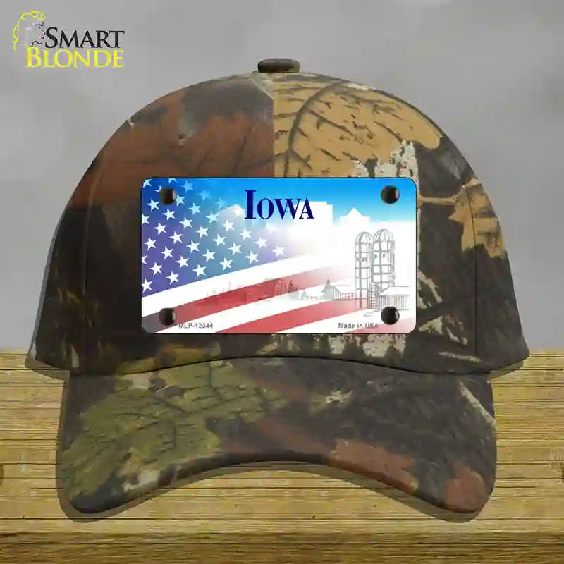 Iowa with American Flag Novelty License Plate Hat Cotton / Camoflauge