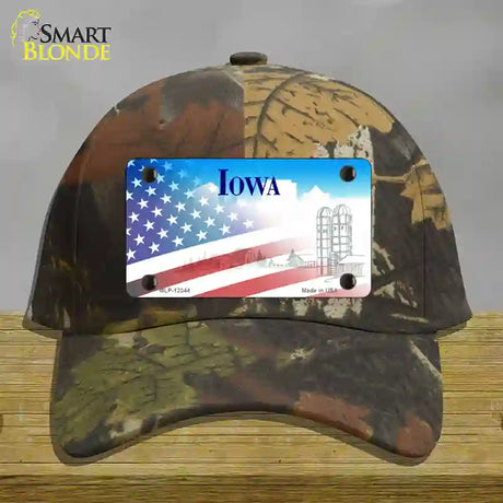 Iowa with American Flag Novelty License Plate Hat Cotton / Camoflauge