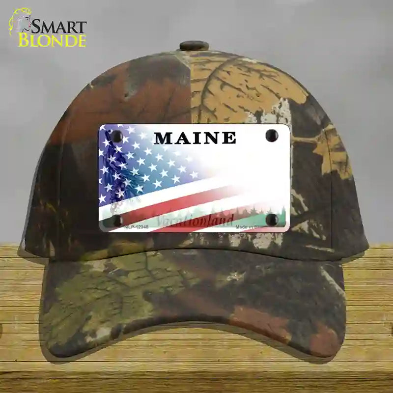 Maine with American Flag Novelty License Plate Hat Cotton / Camoflauge