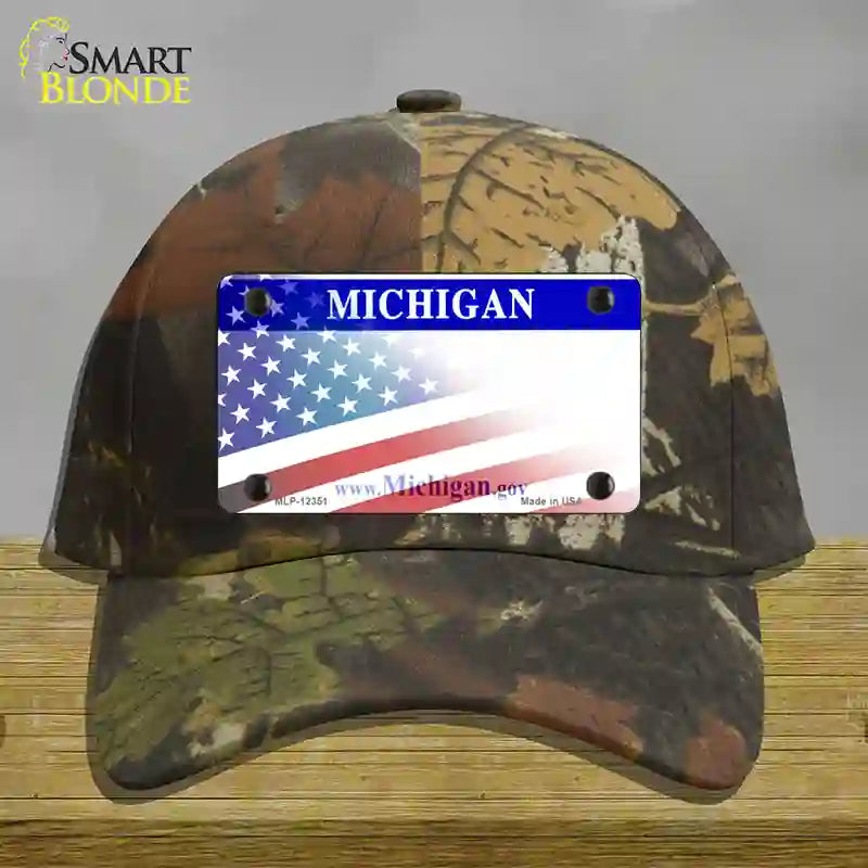 Michigan with American Flag Novelty License Plate Hat Cotton / Camoflauge