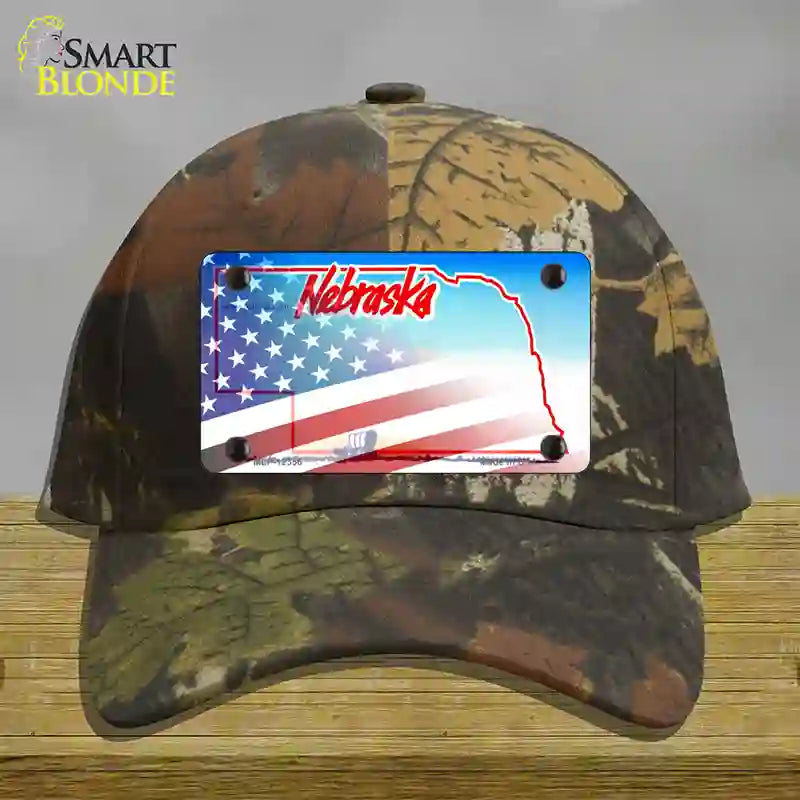 Nebraska with American Flag Novelty License Plate Hat Cotton / Camoflauge