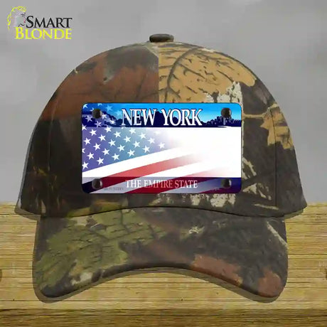 New York with American Flag Novelty License Plate Hat Cotton / Camoflauge