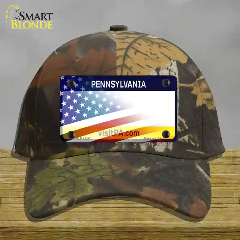 Pennsylvania with American Flag Novelty License Plate Hat Cotton / Camoflauge