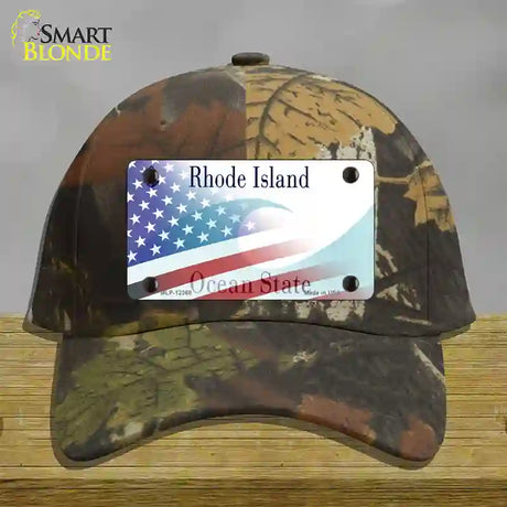 Rhode Island with American Flag Novelty License Plate Hat Cotton / Camoflauge