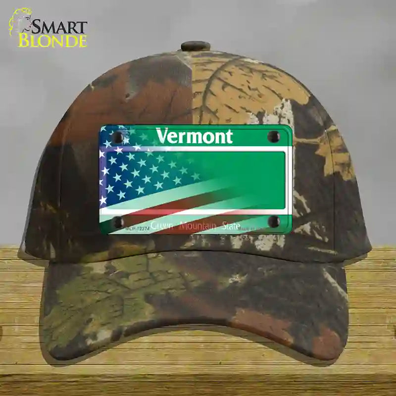 Vermont with American Flag Novelty License Plate Hat Cotton / Camoflauge