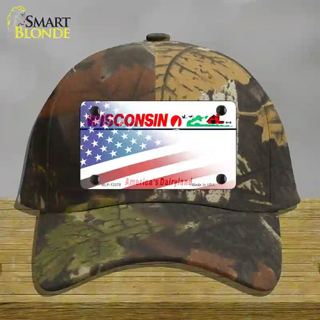 Wisconsin with American Flag Novelty License Plate Hat Cotton / Camoflauge