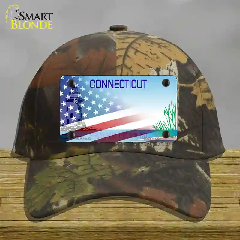 Connecticut Preserve with American Flag Novelty License Plate Hat Cotton / Camoflauge