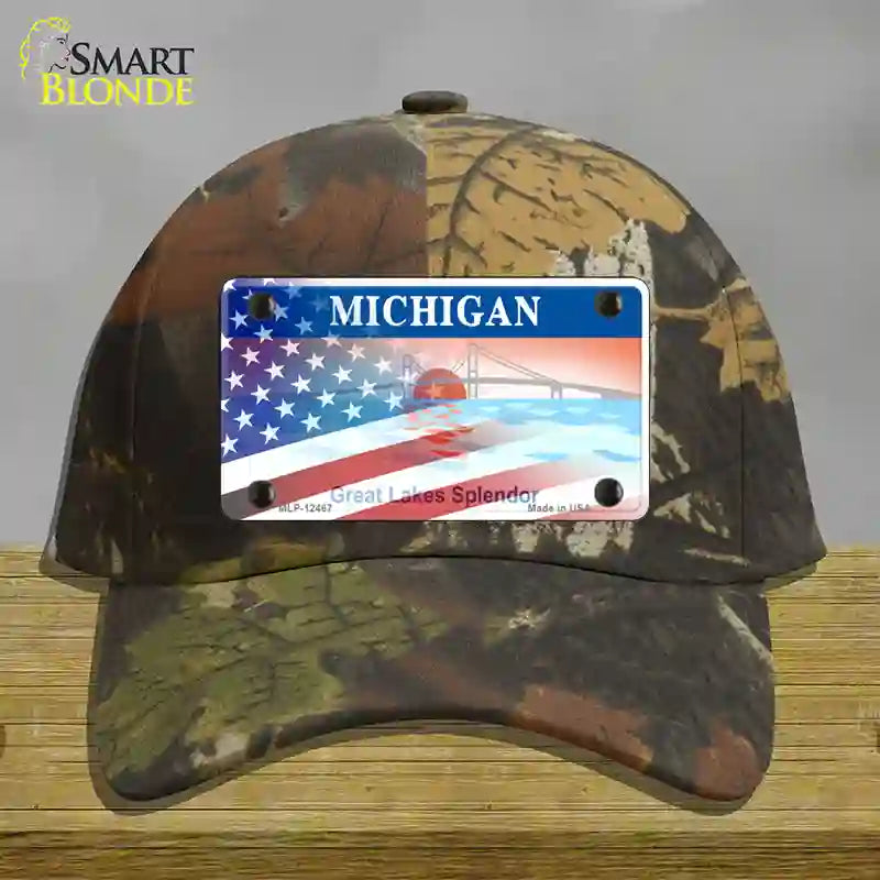 Michigan Splendor with American Flag Novelty License Plate Hat Cotton / Camoflauge