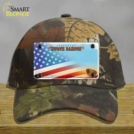 North Dakota Legendary with American Flag Novelty License Plate Hat Cotton / Camoflauge