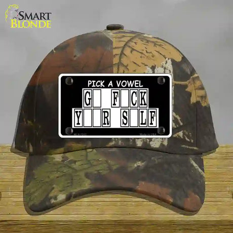 Pick A Vowel Novelty License Plate Hat Cotton / Camoflauge